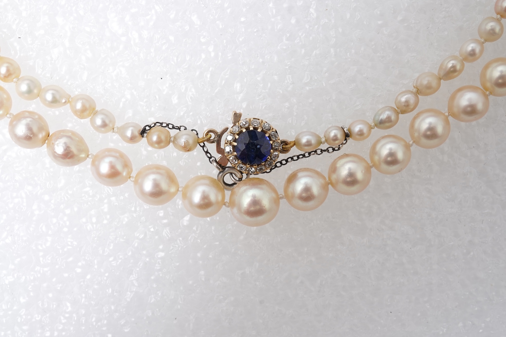 A cultured pearl, sapphire and diamond necklace, 19th century and later